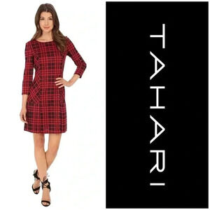 Tahari ASL Levine Red Plaid  3/4 Sleeve Pleated Hem Drop Waist Dress
